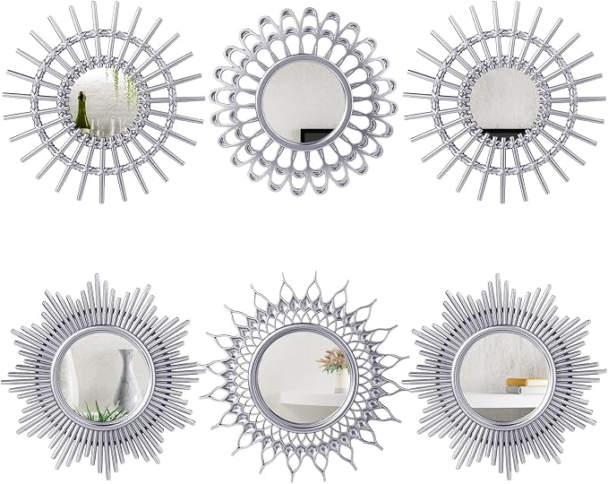 Namalu 6 Pcs Sunburst Round Mirror for Wall Decor, Classic, Silver by Namalu