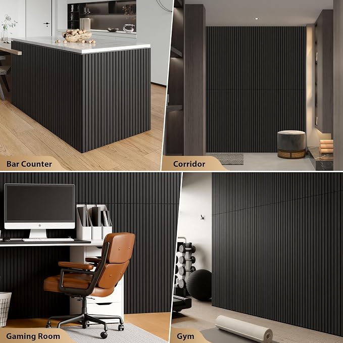 INMOZATA 8 Pack Peel and Stick Acoustic Wood Slat Wall Panels Matte Black | 3D Fluted Textured, Soundproof Accent Wall Paneling for Interior Wall Decor Fireplace Living Room Bedroom Office, 11.8"x23.6" - Image 7