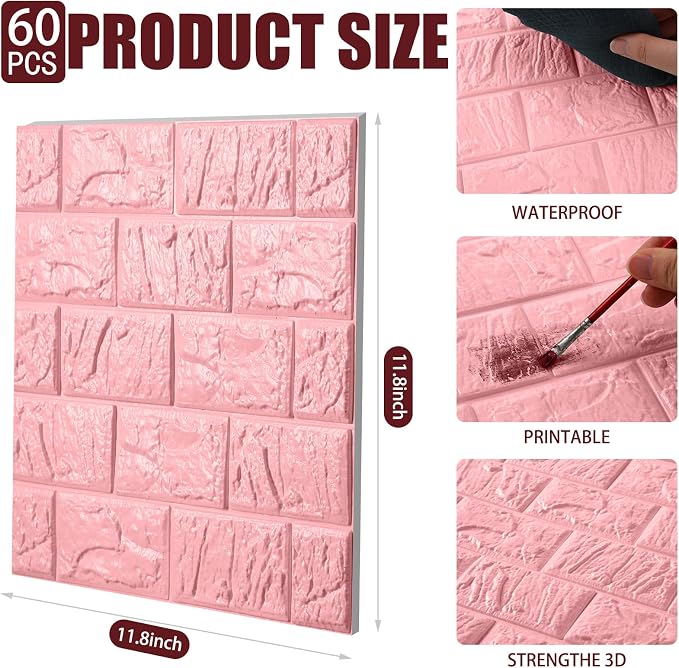 Colarr 60 Pcs 58 Sq ft 3D Wall Panels Peel and Stick Faux Foam 3D Brick Wallpaper Faux Paneling Adhesive Wall Covering Panels Decorative Medieval Tiles Waterproof for Bedroom(Pink) - Image 2