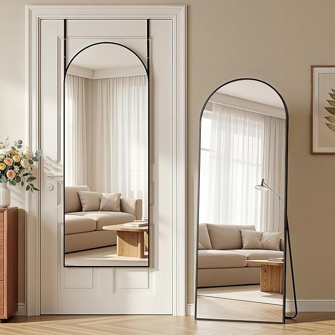 58"x20" Over The Door Mirror, Arched Full Length Mirror, Black by Unknown