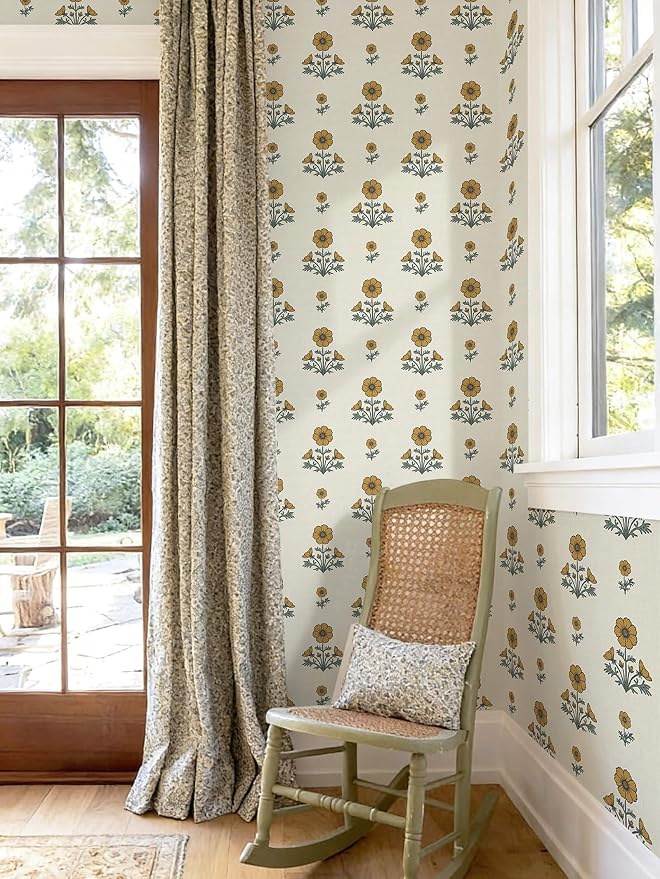 Vintage Floral Wallpaper Floral Peel and Stick Wallpaper for Bathroom 78.7"×17.3" Daisy Wall Paper Yellow and Green Cottagecore Contact Paper for Nursery Kitchen Self-Adhesive Vinyl Waterproof - Image 3