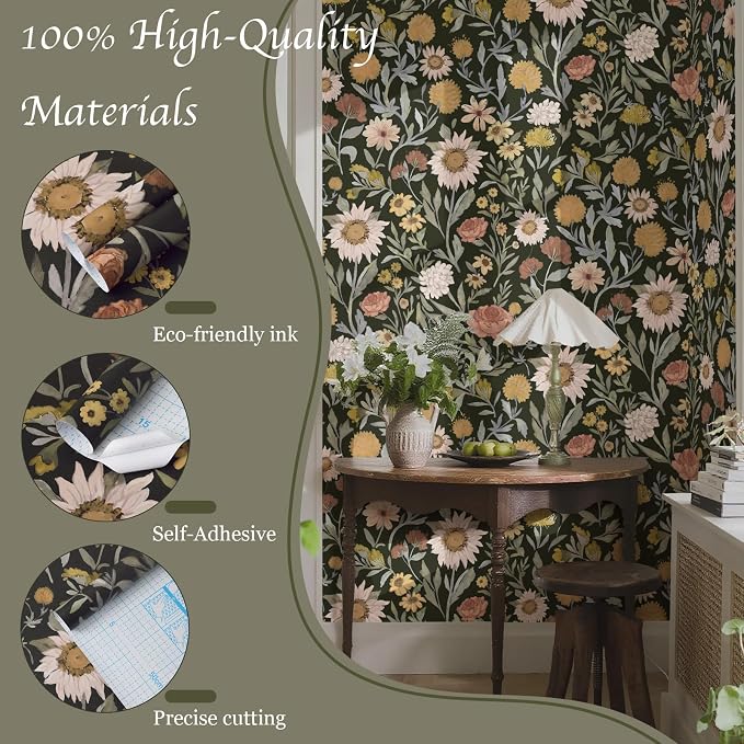 Dimoon Vintage Peel and Stick Wallpaper Boho Dark Floral Contact Paper 17.3''x78.7'' Retro Rustic Pink Removable Wall Paper Renter Friendly Texture Black Wallpaper for Bedroom Bathroom Cabinets Vinyl - Image 2