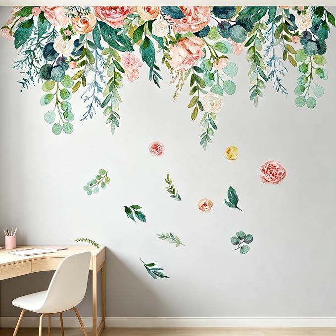 Hanging Floral Flower Wall Decals, Hanging Rose Eucalyptus Wall Stickers | Boho watercolor blush pink rose peel and stick wall decor, removable vinyl wall art mural for bedroom living room by VePret