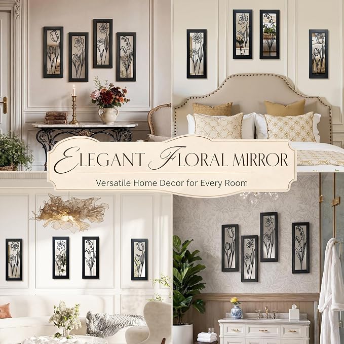 ZEXUIRU 4 Set Rustic Wall Mirrors for Bedroom Bathroom Living Room Entryway Wood Farmhouse Rectangular Easy to Hang Framed Decorative Accent Hanging Wall-Mounted Mirror Set for Living Room - Black - Image 7