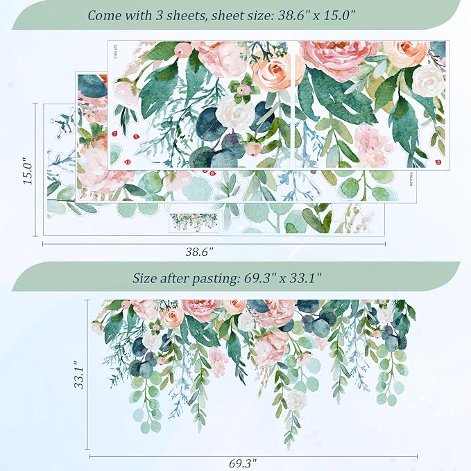 Watercolor Flowers Leaves Wall Decals Peel and Stick, Large Floral Flowers Wall Stickers, Removable Vine Home Decor Art for Bedroom Living Room Classroom Office - Image 2
