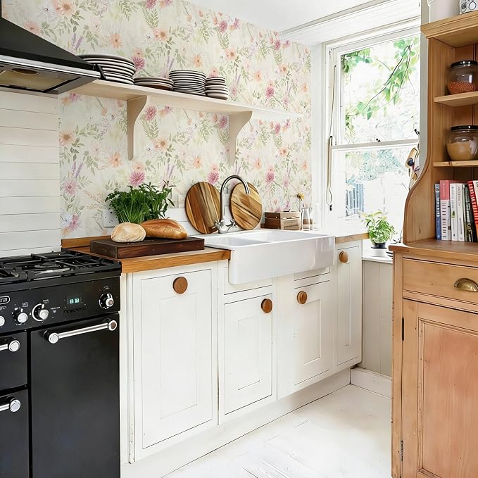 Dimoon Floral Peel and Stick Wallpaper Beige Boho Neutral Cottage Contact Paper Bathroom Cabinets Farmhouse Renter Friendly Removable Waterproof Kitchen Vinyl 386"x17.3" - Image 8