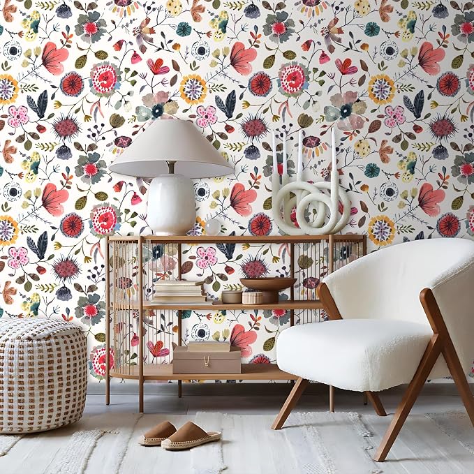Wallpaper Peel and Stick Floral Wall Paper Removable Waterproof White/Green/Red Contact Paper for Bedroom, Bathroom, Home Wall 17.3" x 118" - Image 2