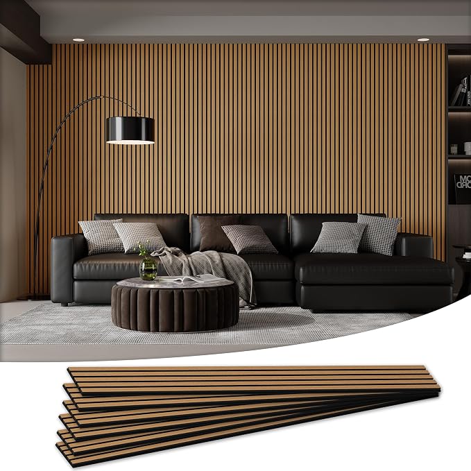 6 Pack Wood Salt Acoustic Wall Panels 94" x 7.9" x 0.8", Teak | 3D Fluted Soundproof Wooden Wall Panel, Sound-absorbing Wall Decor for Home Theater Studio Office Bedroom by LDB_BUILDING