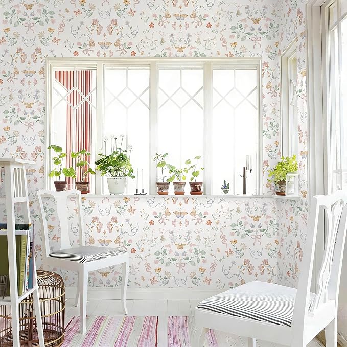 Peel and Stick Wallpaper for Nursery White Cute Bow Leaf Waterproof | 393"×17.3" Colorful Butterfly Wallpaper Cute Accent Wall Decor with Grid Lines for Bedroom Vinyl Self-adhesive - Image 6