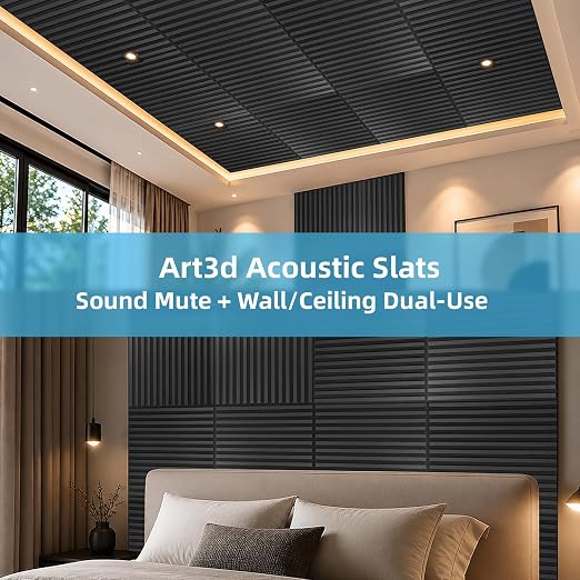 Art3d 12-Pack Acoustic Wood Slat Panel & Ceiling Tile, 2 x 2 ft, Blackwood | Crack-Resistant, Scratch-Resistant, Eco-Friendly, Durable, Grid Compatible, Ideal for Living Room, Bedroom & Home DIY Upgrade - Image 4