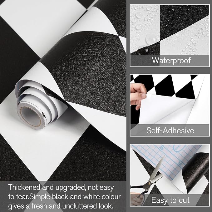 Black and White Peel and Stick Wallpaper Diamond Wallpaper Rhombus Contact Paper 17.3"x200" Lattice Self Adhesive Waterproof Vinyl Roll for Bathroom Kitchen Backsplash Cabinets - Image 2