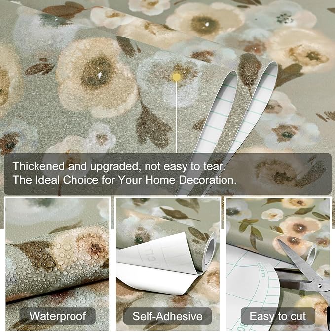 Khaki Watercolor Floral Peel and Stick Wallpaper, 17.3" x 118" Soft Pastel Flower Removable Vinyl Wallpaper, Waterproof Self-Adhesive Vintage Floral Contact Paper for Nursery Bedroom Cabinets - Image 3