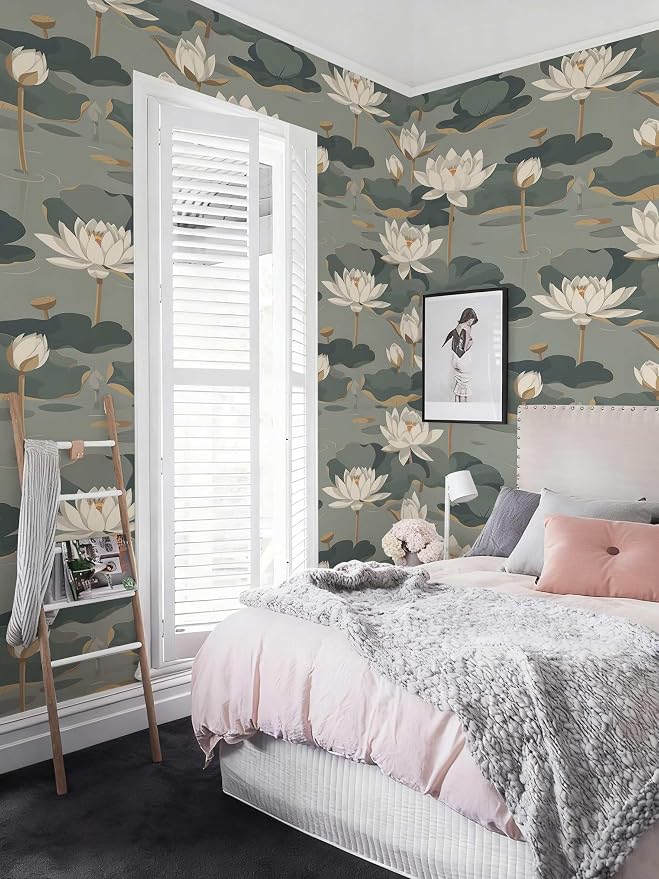 Lotus Flower Peel and Stick Wallpaper, Elegant Asian Botanical Water Lily Design (Gray-Green) Classic Plants for Home Decor | 17.7" x 236", Self-Adhesive, Waterproof Vinyl - Image 4