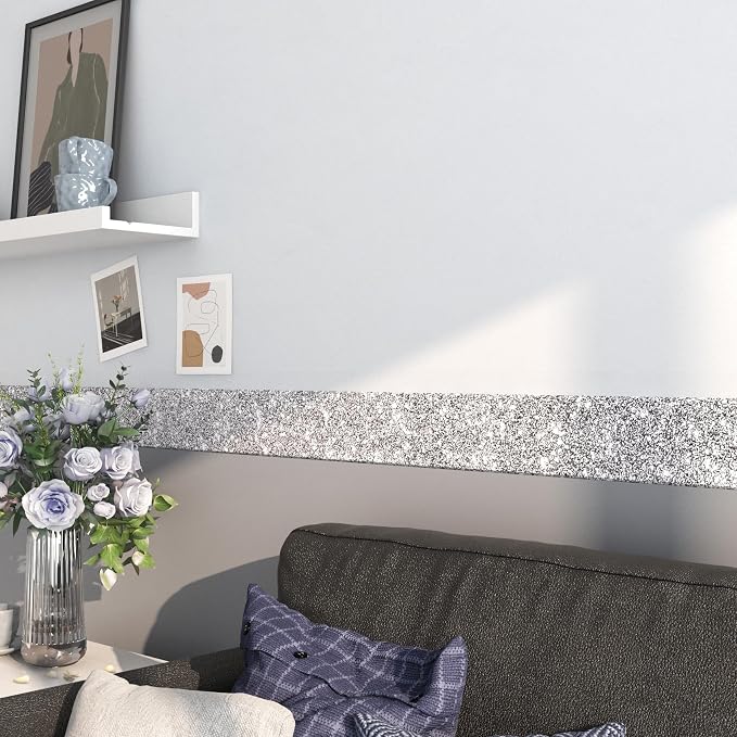 FunStick 3.9"x472" Silver Glitter Wallpaper Border Sparkle Glitter Wallpaper Peel and Stick Mirror Borders for Bathroom Wall Paper Border Sticker Silver Contact Paper for Bedroom Dresser Waterproof - Image 5