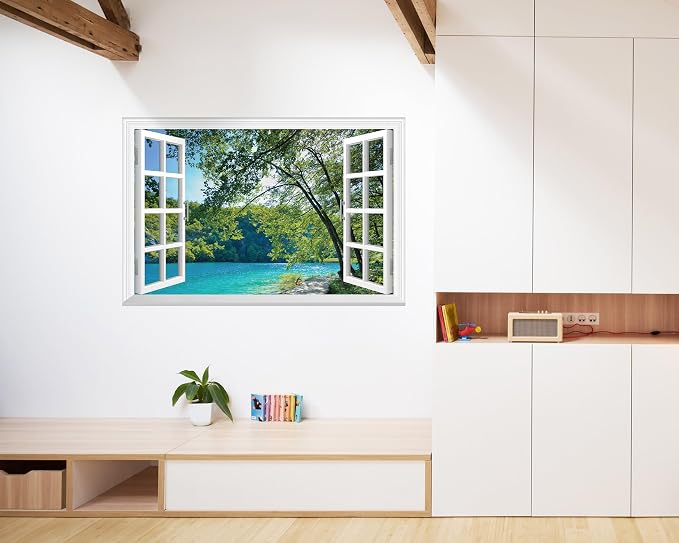 FLFK Fake Window Wall Mural - Lakes in The Jungle Faux Window Wall Sticker for Wall Decor, Stick and Peel Wall Decals,48"x32",Set of 2 Sheets - Image 4