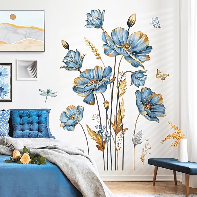 decalmile Blue Flower Butterfly Gold Leaves Plants Wall Decals Stickers(XL) by decalmile