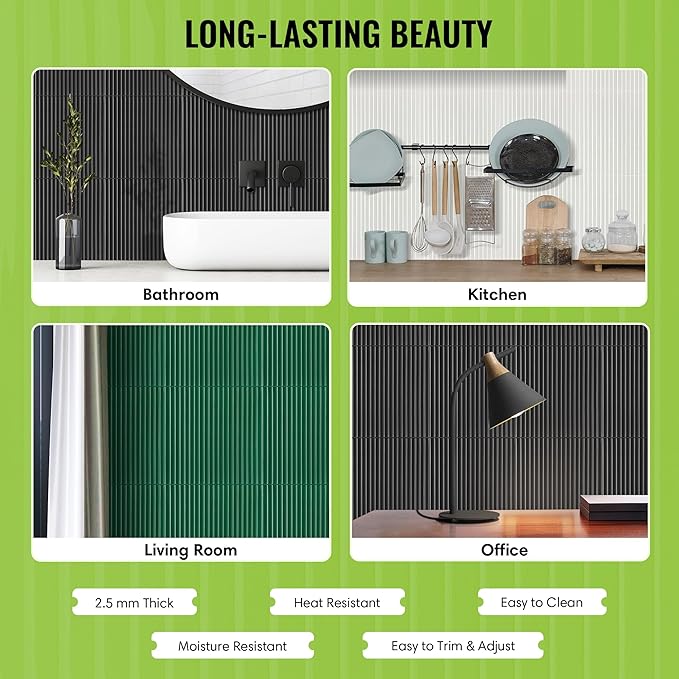 Select 5 Pack Peel and Stick Backsplash Tiles, Vinyl Self Adhesive Back | Back Splash Stick On Tiles for Kitchen & Bathroom, Linear Design 12" x 12" Wall Tiles, Black - Image 3