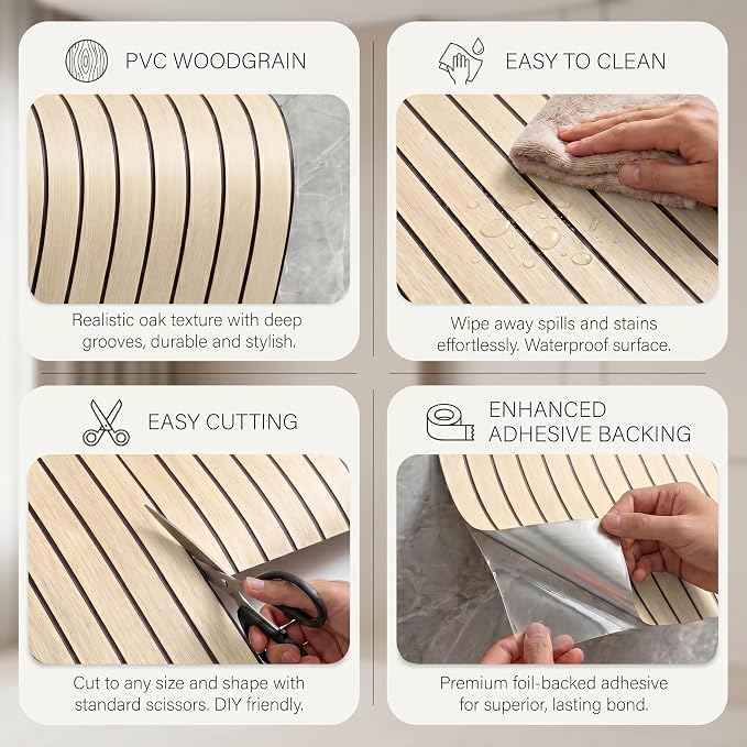 Peel and Stick Wall Panels：Waterproof & Easy to Cut, 236"x15.7" White Oak | Self-Adhesive PVC Wood Panels for Interior Walls, Slat Panels 3D Wood Grain Look,Ideal for Living Room, Bedroom & Ceilings - Image 4