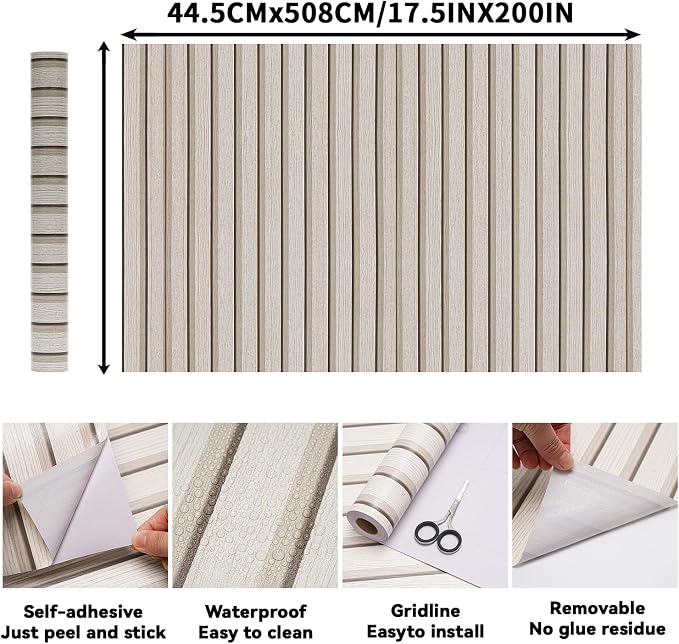 Wood Slat Peel and Stick Wallpaper - 17.5"x200" Textured Faux Wood Self-Adhesive, Waterproof Removable Wall Panel for Bedroom, Kitchen, Accent Wall - Easy Install - Image 2