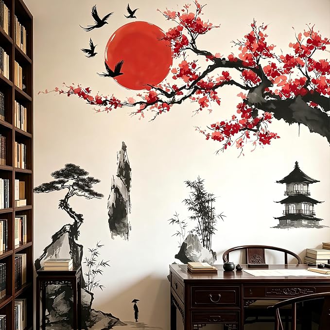 Chinese Landscape Wall Decals Peel and Stick, Large Cherry Blossom Tree Wall Stickers & Murals, Removable Home Decor Art for Bedroom Living Room Classroom Office by VePret