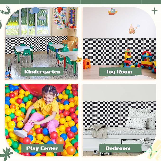 Hahafelt 4 Pack Wall Padding for Playroom Peel and Stick Headboard 15.75" x 7.87" x 1.18" 3D Anti Collision Upholstered Wall Panels Self Adhesive Headboard Panel for Protection (Black White Checkered) - Image 5