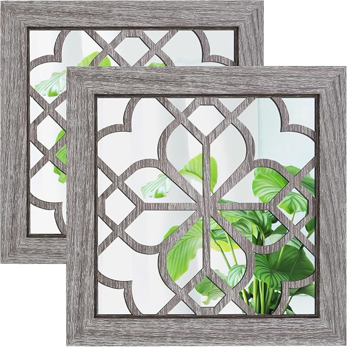 Boho Wall Mirror Decor, Set of 2 Rustic Farmhouse Accent Mirrors 12x12 Inch, Square Acrylic Shatterproof Vintage Style Mirror for Wall, Small Decorative Mirrors for Living Room, Bedroom, Brown by HMANGE