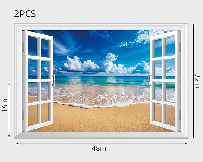 FLFK Fake Window Wall Mural - Ocean Beach Faux Window Wall Sticker for Wall Decor, Peel and Stick Wall Decals,48"x32",Set of 2 Sheets - Image 2