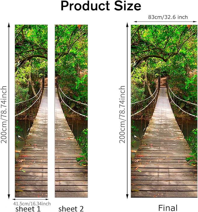 Door Stickers Peel and Stick Murals - Wall Covers Decorative Decal Forest | 30.3"W x 78.7"H, 3D Forest Bridge Wallpaper，Waterproof Removable Opaque Vinyl Self Adhesive Fake Door Decor for Home Office - Image 2