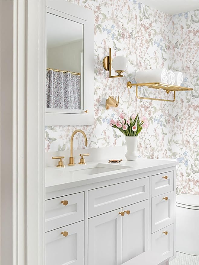 Dimoon 197"x17.3" Floral Wallpaper Pink Peel and Stick Wallpaper White Boho Contact Paper Botanical Wildflower Morden Cottage Renter Friendly Bathroom Flower Kitchen Self Adhesive Vinyl Roll - Image 7