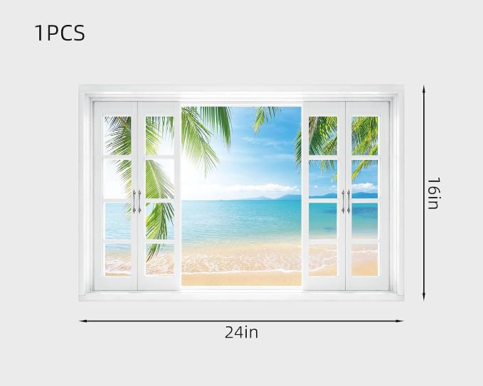 FLFK Fake Window Wall Decal - Tropical Ocean View Peel and Stick Mural, 24 x 16 inches - Image 2
