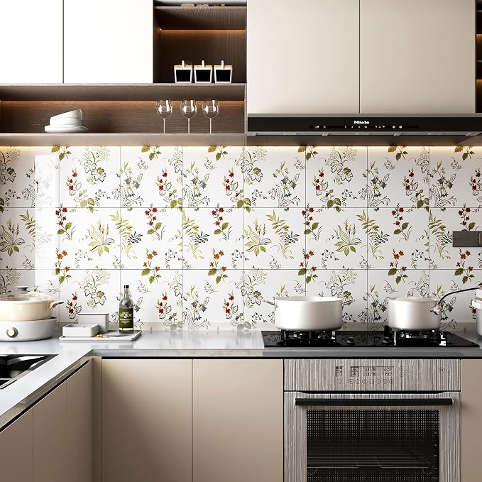 20pcs Floral Marble Peel and Stick Shower Wall Panels 11.8"x11.8" | (Total 19.4 Sq.Ft.) Botanical,Waterproof,Backsplash Tile,Stick on Wall,for Bathroom,Bedroom,Kitchen,Ceiling - Image 2