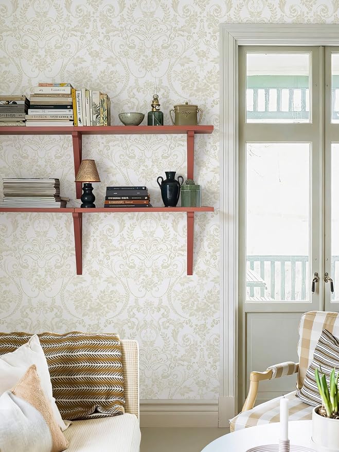 Peel and Stick Wallpaper for Bedroom Beige and White Damask Waterproof - Image 8
