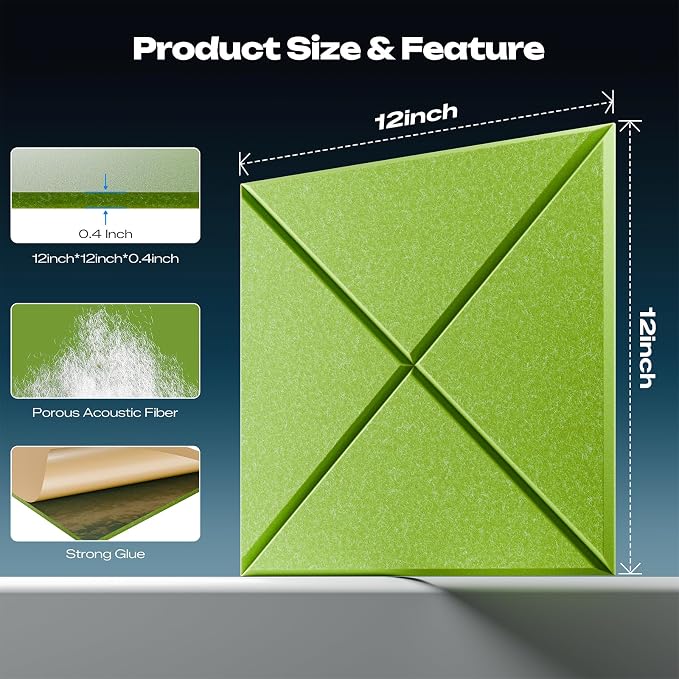 Sonicism 22 Pack X-Lined Acoustic Panels with Self-Adhesive, 12"X 12"X 0.4" Sound Proof Foam Panels, Decorative Soundproof Wall Panels, Sound Absorbing Tile for Home & Offices, Light Green - Image 2