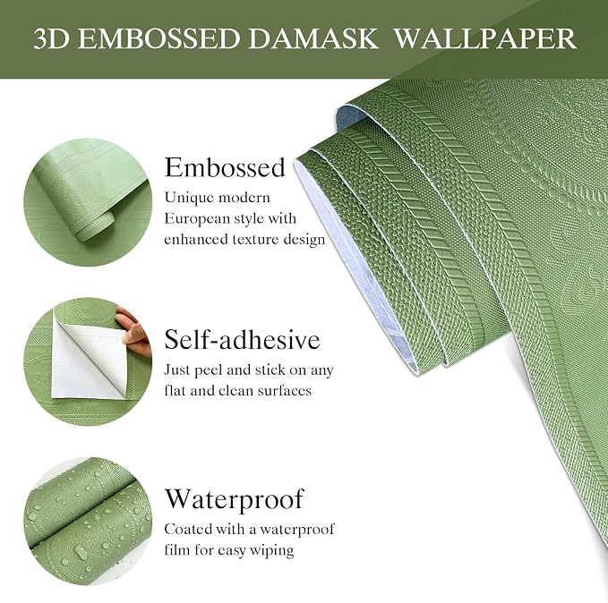 JiffDiff Green 3D Embossed Textured Peel Stick Wallpaper 17.3"x120" | Removable Renter Friendly Contact Paper, Waterproof Self Adhesive Wallpaper for Bedroom, Bathroom, Decor,14.4 sq. - Image 7