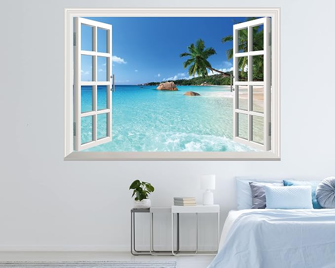 FLFK Fake Window Wall Sticker - Summer Beach Faux Window Wall Mural for Wall Decor, Stick and Peel Wall Decals,80"x60",Set of 5 Sheets - Image 3