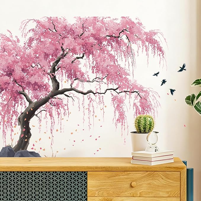 Cherry Blossom Tree Wall Decals Stickers, Watercolor Floral Wall Art Peel and Stick, Removable Vinyl Wall Decor for Bedroom, Living Room, Office, Home Decoration - Image 3