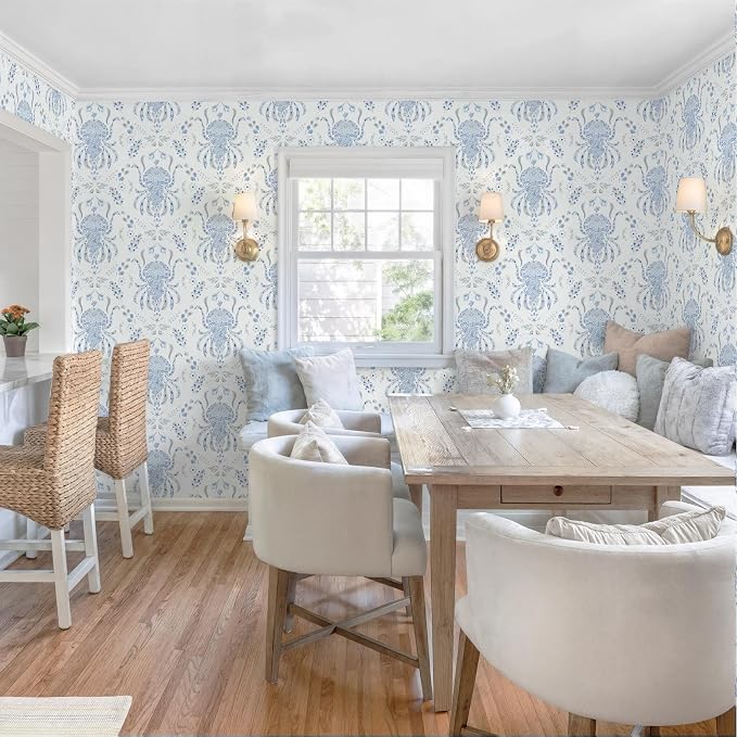 Dimoon Blue Peel and Stick Wallpaper Coastal Contact Paper Bathroom Ocean Beach Wallpaper Boho Jellyfish Renter Friendly Nautical Waterproof for Nursery Kitchen Bedroom Vinyl 17.3''x197'' - Image 9