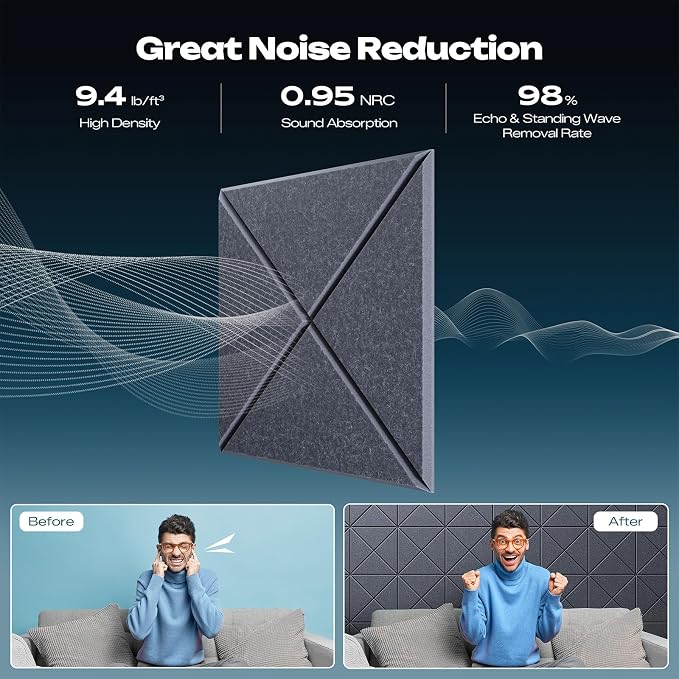 Sonicism 12 Pack X-Lined Acoustic Panels with Self-Adhesive, 12"X 12"X 0.4" Sound Proof Foam Panels, Decorative Soundproof Wall Panels, Sound Absorbing Tile for Home & Offices, Moonlight Gray - Image 3