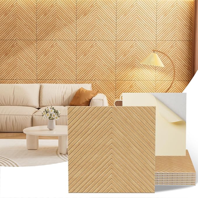 Acoustic Wall Panels, 8 Piece 23.62" X 23.62" Peel and Stick Wall Panels | High-Density Polyester Fiber Self Adhesive Soundproofing for Interior Wall Décor, Timber Vee Herringbone by Vellorise