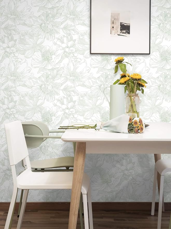 Ismoon Large Floral Peel and Stick Wallpaper Boho White and Green Contact Paper 17.3inx16.3ft Modern Wall Paper Removable Self Adhesive Vinyl Wallpaper for Bedroom Cabinet Bathroom Mural Wall Decor - Image 4