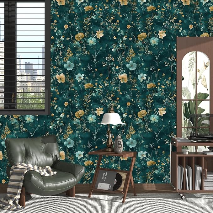 Laatse Floral Leaf Vintage Wallpaper Peel and Stick 17.5" x 393", Teal Gold | Self Adhesive/Removable/Waterproof/Thick Vinyl Contact Paper for Bathroom Bedroom Shelf Cabinet Drawer,Prepasted,Easy Peel - Image 8