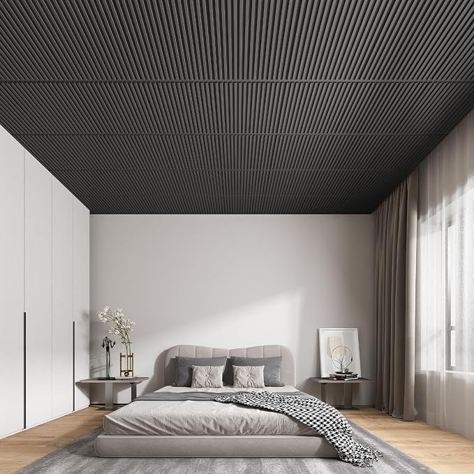 WOWSTAR 24-Pack 24"x24" Drop Ceiling Tiles, Waterproof Glue up PVC Ceiling Panels, Modern Style 3D Slat Wall Panels, Black - Image 6