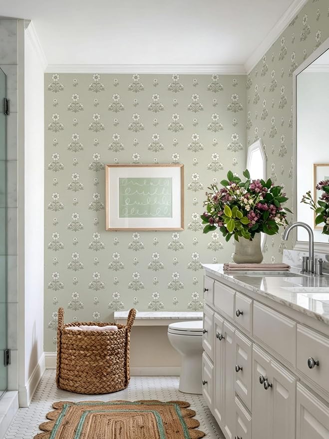Vintage Floral Wallpaper Floral Peel and Stick Wallpaper for Bathroom 196"×17.3" Daisy Wall Paper White and Green Cottagecore Contact Paper for Nursery Kitchen Self-Adhesive Vinyl Waterproof - Image 3