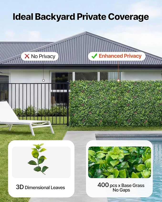 VEVOR Artificial Plant Wall, 12PCS 20 x 20 in Artificial Boxwood Panels, Greenery Backdrop Privacy Hedge Fence with Sun Protection, Fake Grass Wall Screen for Wedding, Indoor, Garden，Mixed Leaf - Image 3