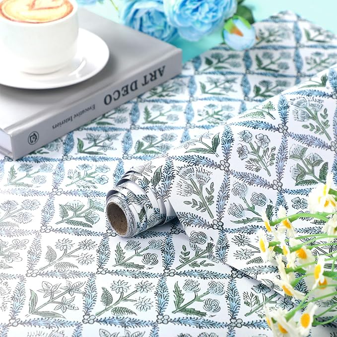 Drydiet Block Print Wallpaper Peel and Stick Contact Paper 15.8 x 118.1 | Self Adhesive, Vintage Floral Design, Easy Apply Remove, Wall Sticker for Home Locker Dorm Classroom Living Room Decor - Image 3