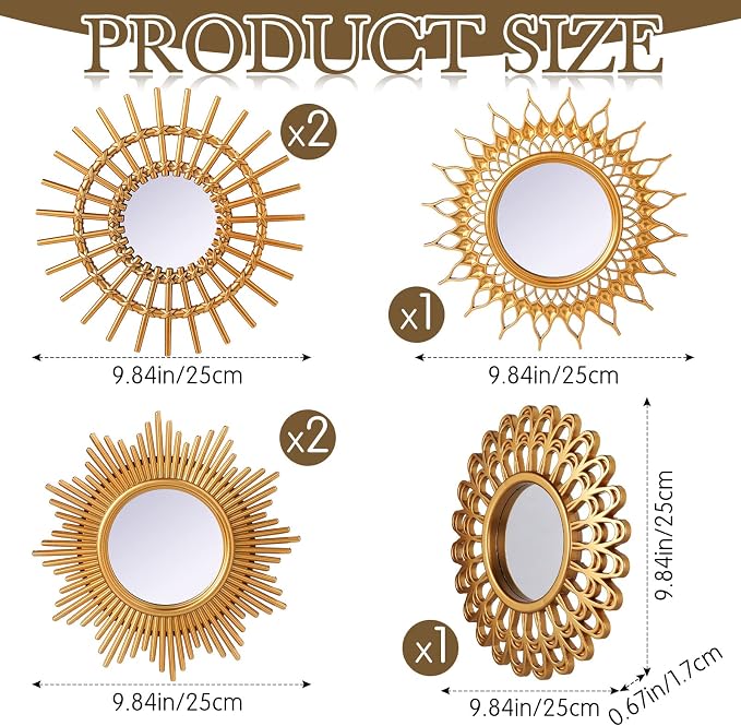 Namalu 6 Pcs Sunburst Round Mirror for Wall Decor, Classic, Gold - Image 2