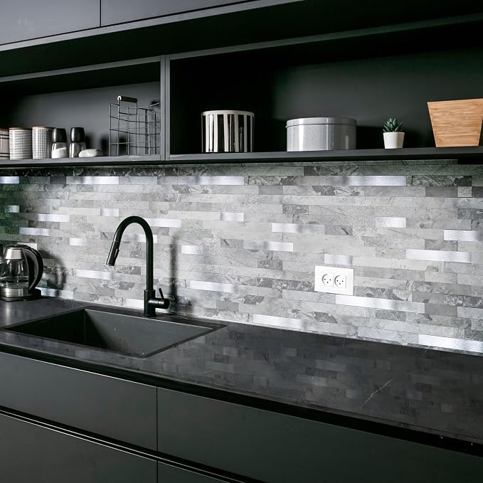 Yipscazo 1 Sheet Peel and Stick Stone Metal Tile Backsplash, Stick on Tiles for Backsplash Kitchen, Bathroom, Laundry Room, Camper, Fireplace (12'' X 12'', Gray Stone with Metal) - Image 3