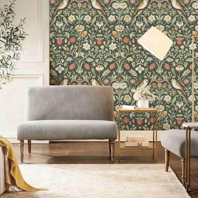 Vintage Wallpaper William Morris Botanical Peel and Stick Wallpaper | Dark sage background with wildflower, bird & strawberry print, removable waterproof vinyl wall covering, bedroom accent decor - Image 8
