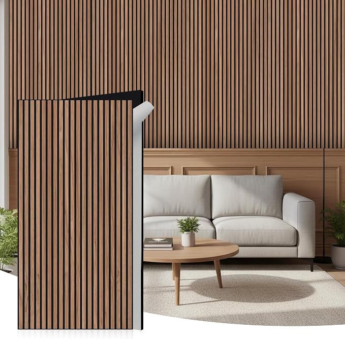 WoveN SounD Acoustic Wall Panels, Teak, 10 Pack, 47.2x23.6 in | Self-Adhesive, Peel and Stick, NRC 0.95, Premium Sound, Echo Proof, Slat Decor, Studio, Home, Office, Media Room by WovenSound