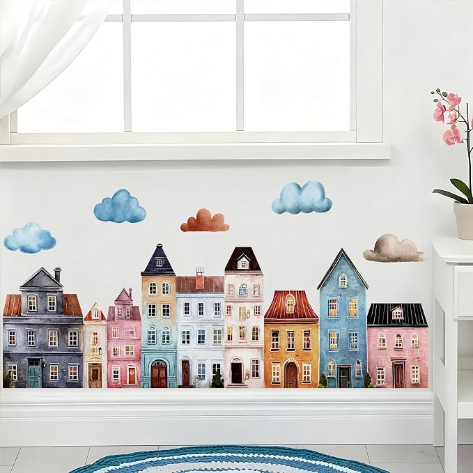 Watercolor Towns Village Wall Decal, Peel and Stick Nursery Mural Wall Stickers for Kids, Boys and Girls Room, Bedroom & Toddler Room Decor - Image 3